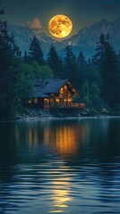 Fototapeta premium Lakeside cabin at night, full moon