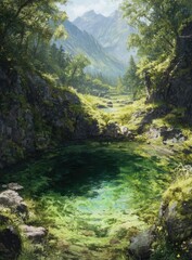 Sunlit mountain valley scene featuring a tranquil, moss-covered pool reflecting the verdant surroundings and distant peaks