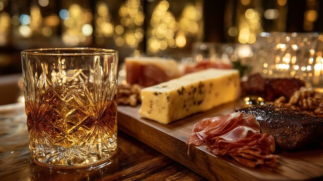 Whiskey-based cocktail paired with charcuterie board: cured meats, cheeses, nuts on rustic wood table