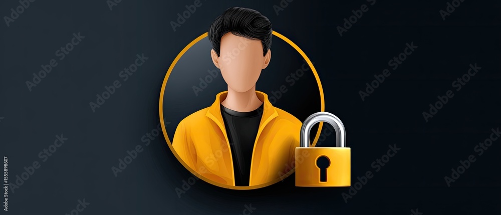 Poster faceless person icon in a yellow jacket with a padlock symbolizing security or privacy on a dark bac