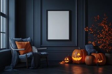 Cozy Halloween room decor with glowing Jack-o'-lanterns, comfy armchair and blank picture frame on dark blue paneled wall.