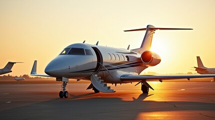 Fototapeta premium Private jet parked at airport during sunset. showcasing luxury travel and aviation against a dramatic sky backdrop.