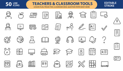 Teacher and Classroom Tools Line Icons, Blackboard, Books, Ruler, Apple, Clipboard, Chalk, Desk, Lesson Plan, and More , Editable Formats: AI, EPS, JPG, PNG , Ideal for Both Digital and Print Use

