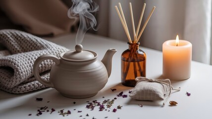 Fototapeta premium A relaxing spa still life featuring a hot herbal tea cup on a decorated table with a lit candle and fresh flowers