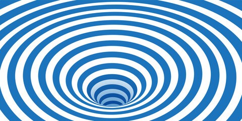 Blue and white space wormhole illusion bg. Optical abstract tunnel with 3d portal effect. Geometric vector illustration of vortex or circular funnel. Psychedelic pattern of black lines and stripes.