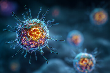 Microscopic view of a virus infecting a human cell, vivid colors highlighting virus and cell structure,
