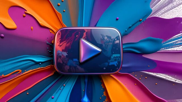 Colorful 3d play video icon with paint splash explosion on vibrant gradient background. Concept for creative media promotion