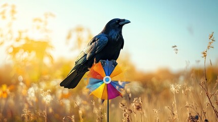 A funny image of a black crow balancing on a wind-spinning pinwheel in a sunny