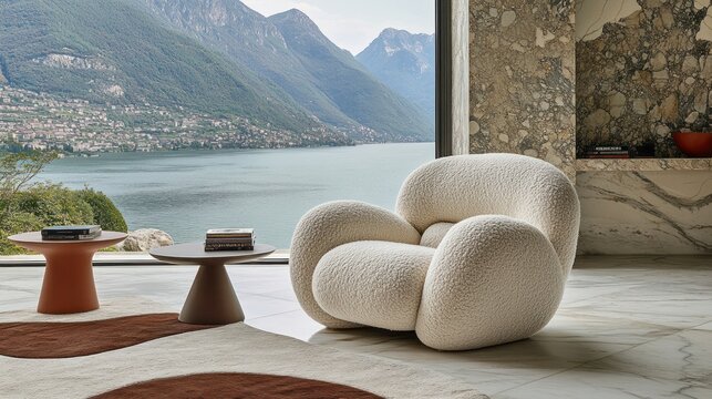 Cream armchair by a lake, modern interior