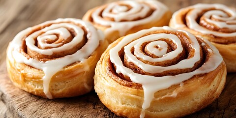 Fototapeta premium A close up of four cinnamon rolls with white icing on a wooden surface ready to be enjoyed now
