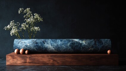 Dark blue marble cylinder on rich brown wooden base, accented by small white flowers and spheres