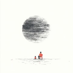 Minimalist artwork depicts an adult and child seated, gazing at a large, textured grey orb against a white background
