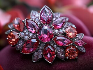 Jewelry with gemstones modern brooch with Spinell on a dark red background