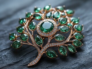 Jewelry with gemstones modern brooch with Emeraldine on a dark gray background