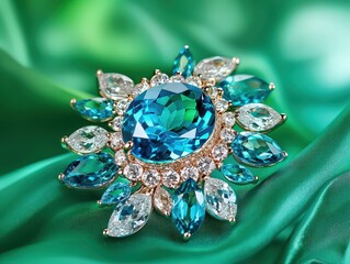 Jewelry with gemstones modern brooch with Bahia Topaz on a emerald background