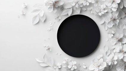 A black circle centrally placed on a white background, surrounded by delicate paper-crafted white flowers and leaves
