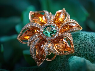Jewelry with gemstones modern brooch with Azotic Topaz on a emerald background