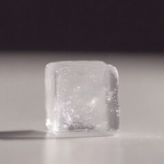 Obraz premium A single translucent ice cube sitting on a smooth light surface with a dark background behind it