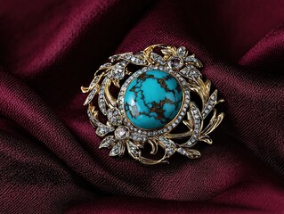 Jewelry with gemstones modern brooch with Occidental Turquoise on a burgundy background