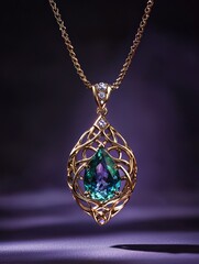 Jewelry with gemstones modern pendant with Blue Alexandrite on a dark violet background