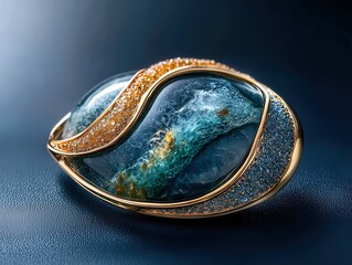 Jewelry with gemstones modern brooch with Moss Agate on a dark blue background