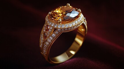 Jewelry with gemstones luxury gold ring with Rutilated Topaz on a dark red background
