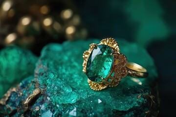 Jewelry with gemstones luxury gold ring with African Emerald on a emerald background
