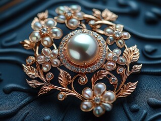 Jewelry with gemstones modern brooch with Natural Pearl on a dark blue background