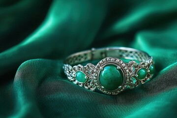 Jewelry with gemstones luxury silver bracelet with Australian Jade on a emerald background