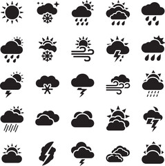 Collection of black weather icons including sun rain snow lightning and wind forecast