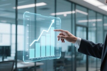 Businessman’s hand interacting with transparent holographic bar chart, modern office with glass wall background, realistic lighting for financial tech branding