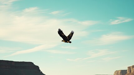 Fototapeta na wymiar A majestic red-tailed hawk soaring above a wide canyon