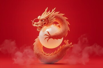 Obraz premium Red dragon, luminous orb, smoke