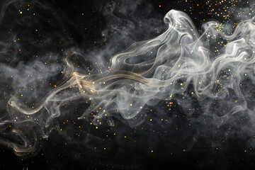 Abstract Smoke and Gold: Swirling white and brown smoke with golden sparkles on a black background, creating an ethereal and mysterious atmosphere.