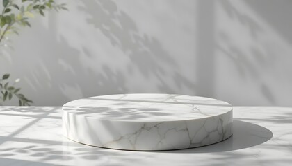 White Marble Round Base in Minimalist Space with Leaf Shadows