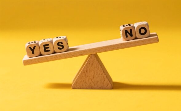 Wooden seesaw scale with YES and NO dice blocks, vibrant yellow background, studio lighting with sharp contrast, conceptual photo for decision-making visuals
