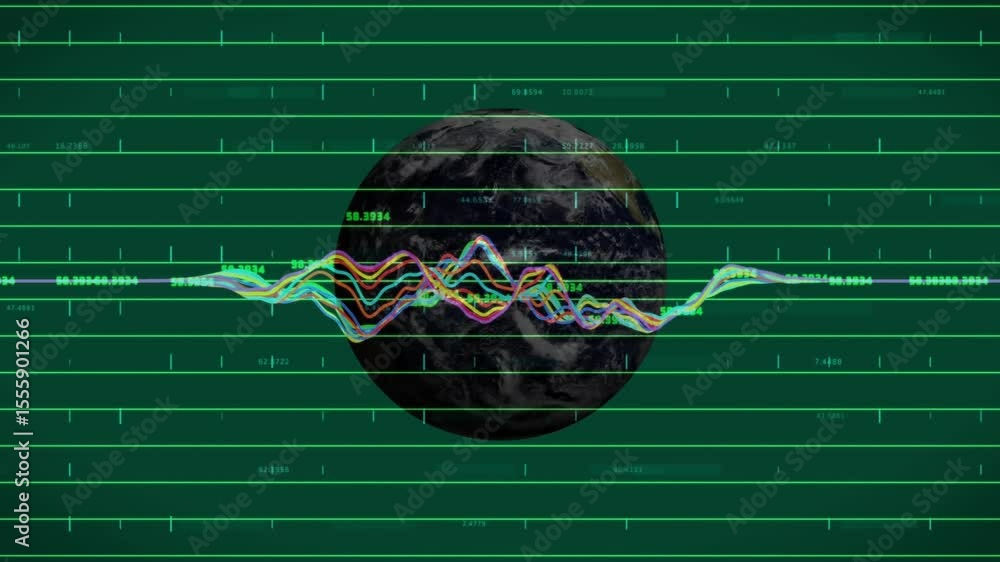 Poster waveform emerging and growing colored traces over rotating earth grid, showing data oscillations