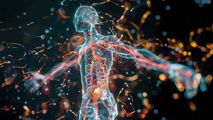 Transparent human figure illustrating central and peripheral nervous systems with highlighted sensory and motor neuron networks