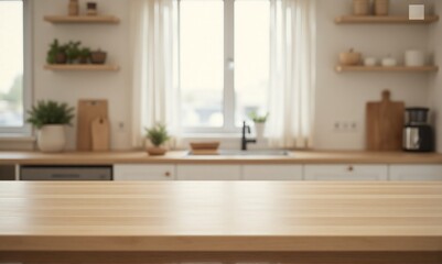 Elegant wooden countertop with silky smooth finish in crisp focus, modern Japandi kitchen in soft blur, styled interior image for premium lifestyle and design content