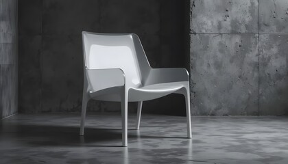 White Minimalist Chair in Dark Concrete Room with Industrial Vibe