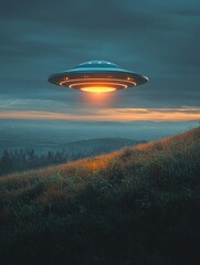 An unidentified flying object hovers above a quiet hillside illuminating the grass below
