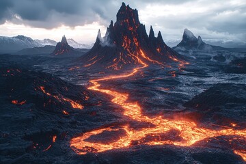 An alien landscape with towering jagged mountains and rivers of glowing molten lava