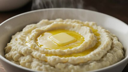 Creamy Mashed Potatoes: A bowl of fluffy mashed potatoes, topped with a pat of melting butter, steaming warmly. The creamy texture and rich aroma are almost palpable. - Powered by Adobe