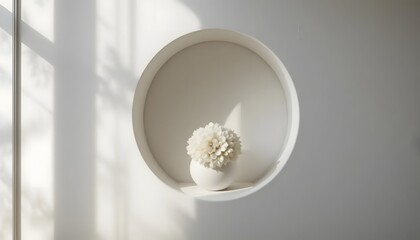 White Oval Display Niche with Minimalist Floral Sculpture and Sunlight