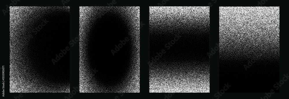 Poster Noise grain backgrounds set. Black and white dotwork pattern. Vector border with stipple effect. White flour powder frame. Grain noise halftone or grainy dots texture.