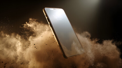 Smartphone in Dust Cloud: A sleek smartphone floats amidst a dramatic dust cloud, illuminated by a spotlight, showcasing its resilience and modern design.
