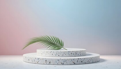 White Terrazzo Podium with Palm Leaf on Blue-Pink Gradient Background