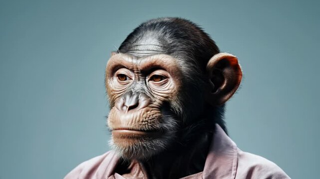 Realistic portrayal of a monkey in a shirt set against a plain backdrop demonstrating anthropomorphism and artistic expression