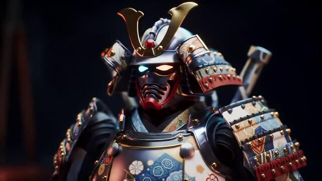 Futuristic Samurai Robot in Traditional Armor with Glowing Eyes and Detailed Patterns | Sci-Fi Warrior Concept | 3D Animation 4K


