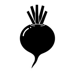 Black Beetroot Icon: A simple yet striking black silhouette of a beetroot, showcasing its round shape, vibrant color, and characteristic leaves.